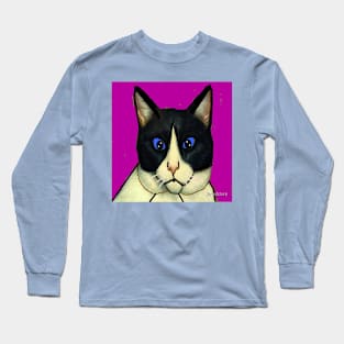 Cat Illustration on Blue Background Long Sleeve T-Shirt